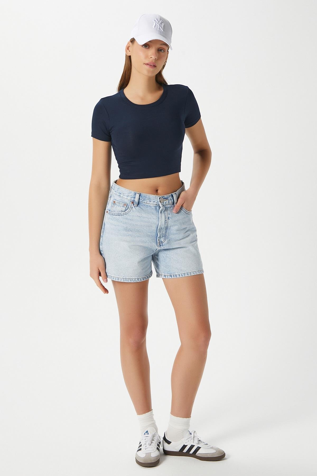 Kadın Deal Lux Touch Yumuşak Doku Crop Lacivert Bluz