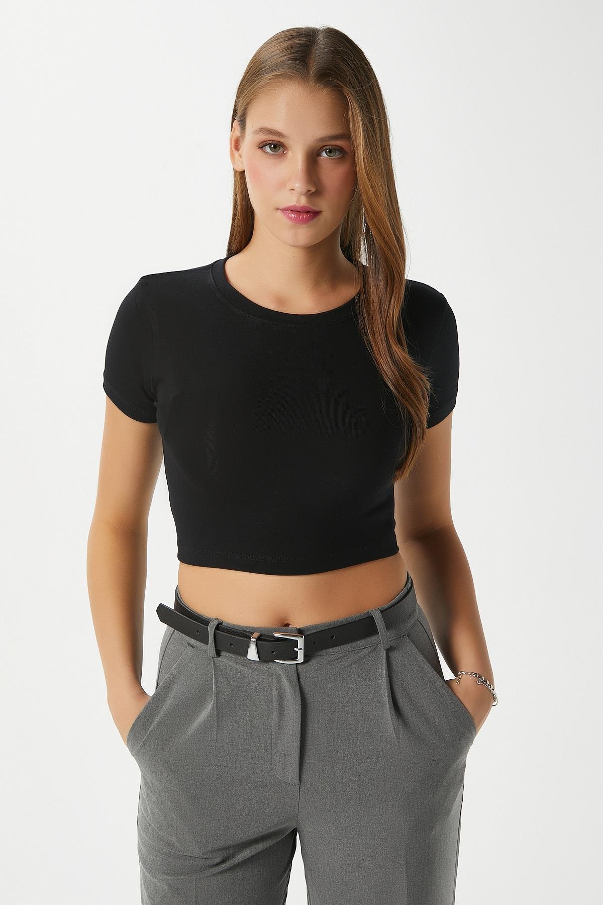 Kadın Deal Lux Touch Yumuşak Doku Crop Siyah Bluz