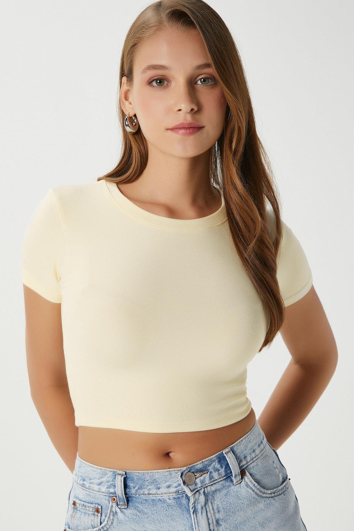 Kadın Deal Lux Touch Yumuşak Doku Crop Tereyağı Sarısı Bluz