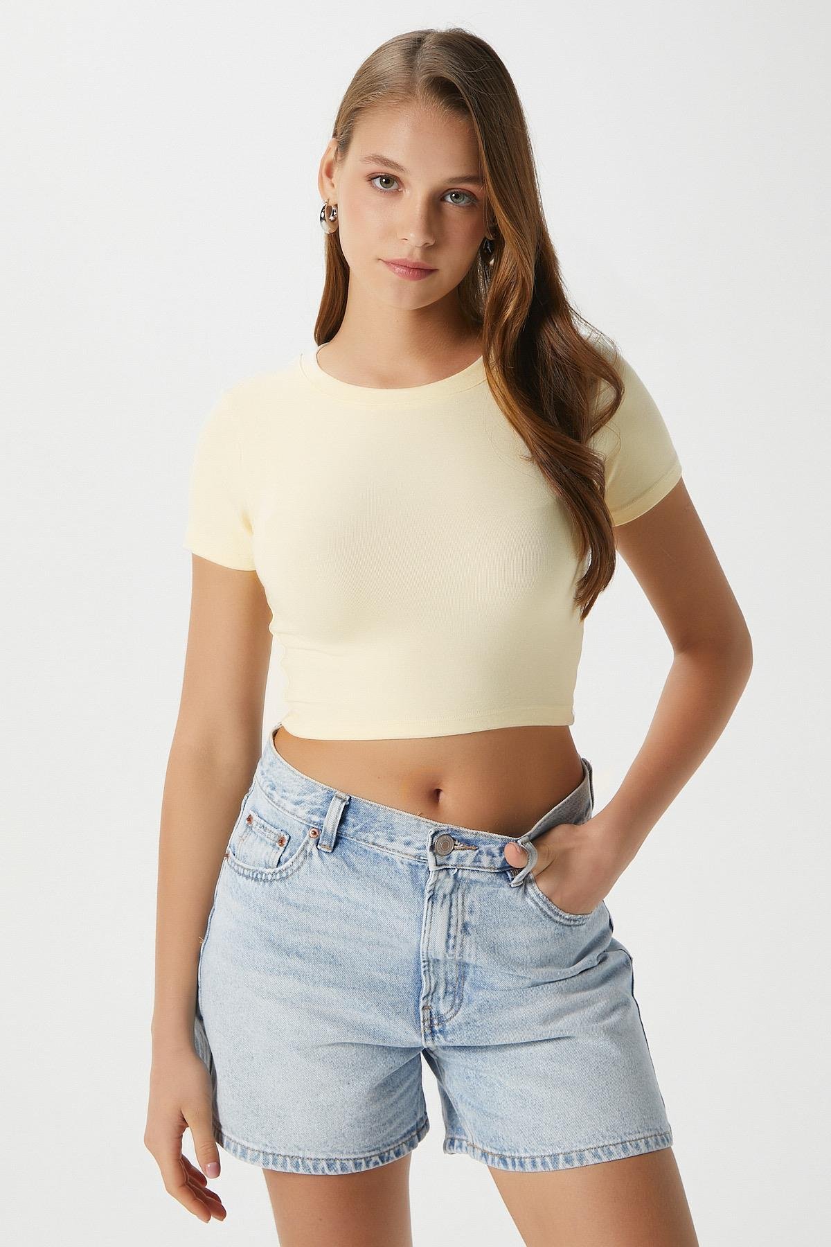 Kadın Deal Lux Touch Yumuşak Doku Crop Tereyağı Sarısı Bluz