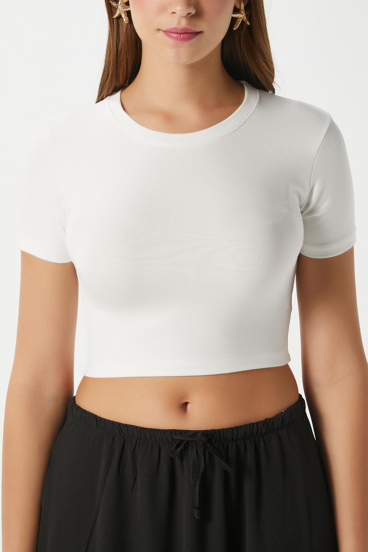 Kadın Deal Lux Touch Yumuşak Doku Crop Beyaz Bluz