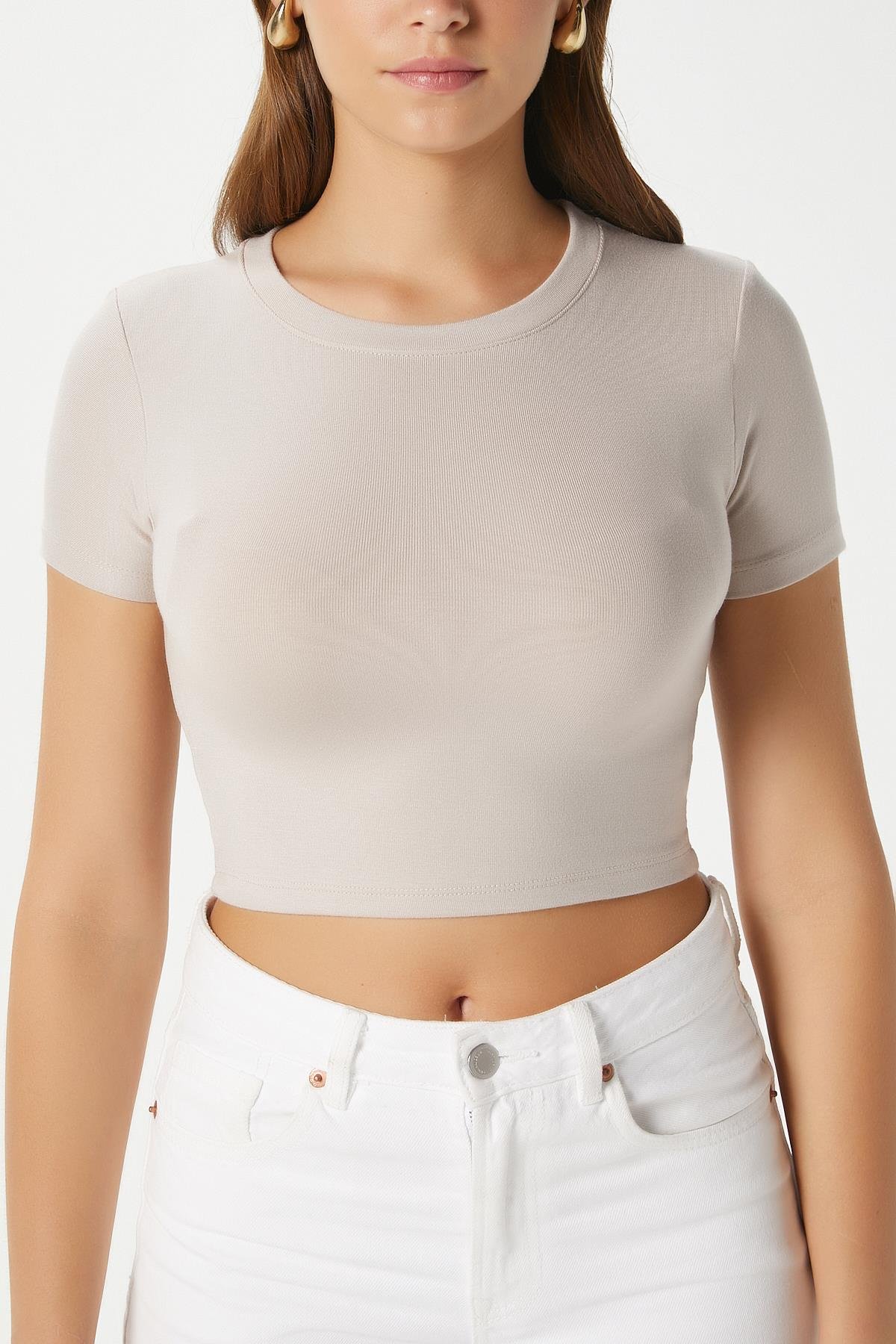 Kadın Deal Lux Touch Yumuşak Doku Crop Bej Bluz