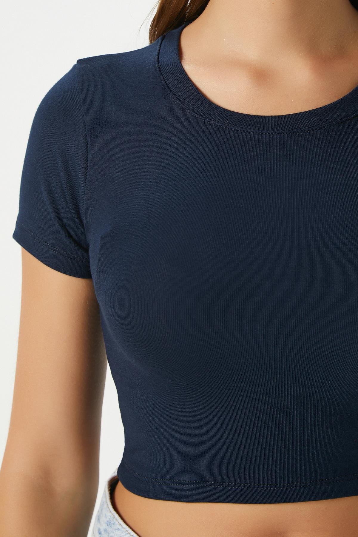 Kadın Deal Lux Touch Yumuşak Doku Crop Lacivert Bluz