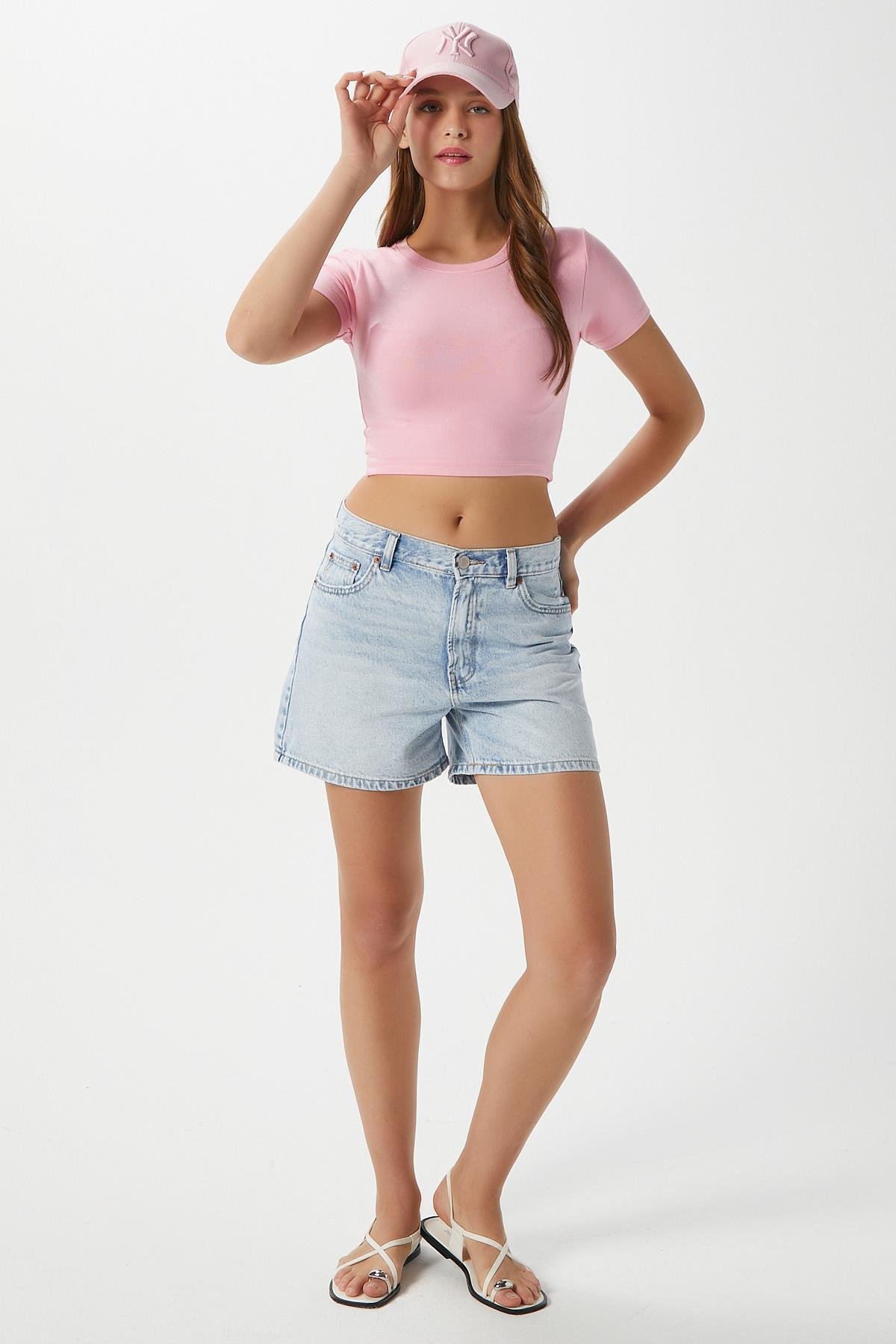 Kadın Deal Lux Touch Yumuşak Doku Crop Pembe Bluz