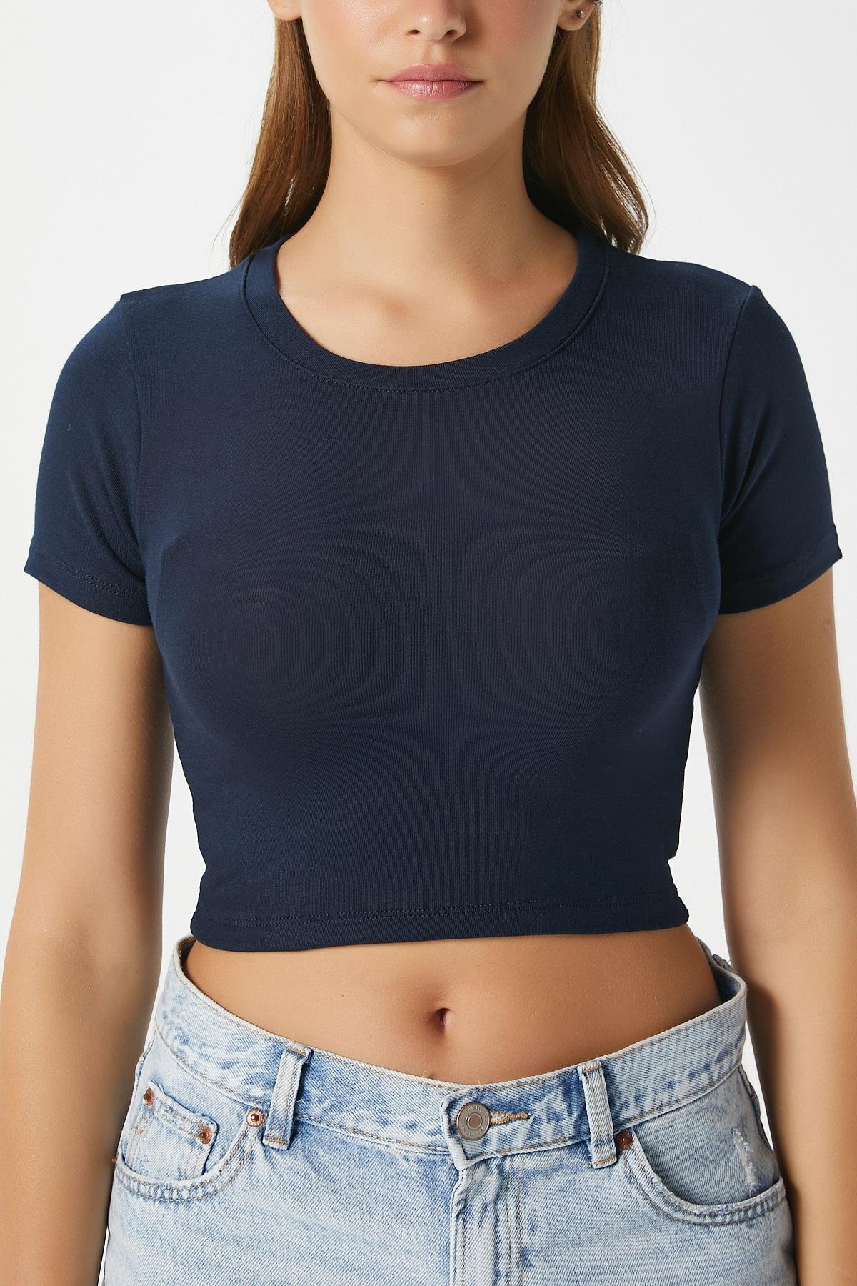Kadın Deal Lux Touch Yumuşak Doku Crop Lacivert Bluz