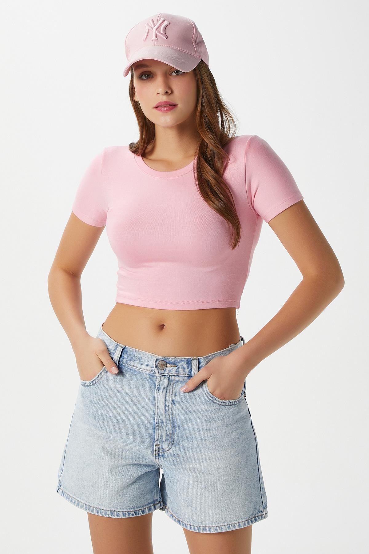 Kadın Deal Lux Touch Yumuşak Doku Crop Pembe Bluz