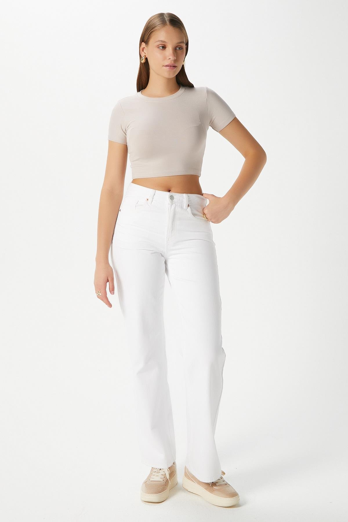 Kadın Deal Lux Touch Yumuşak Doku Crop Bej Bluz