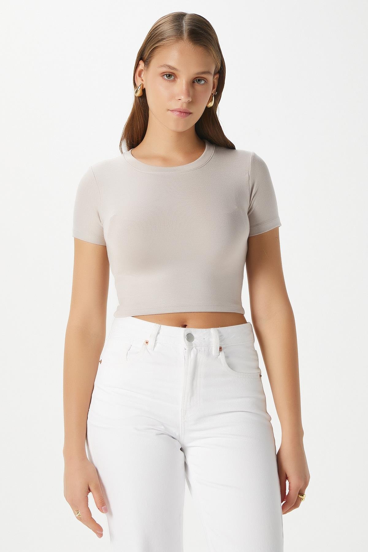 Kadın Deal Lux Touch Yumuşak Doku Crop Bej Bluz