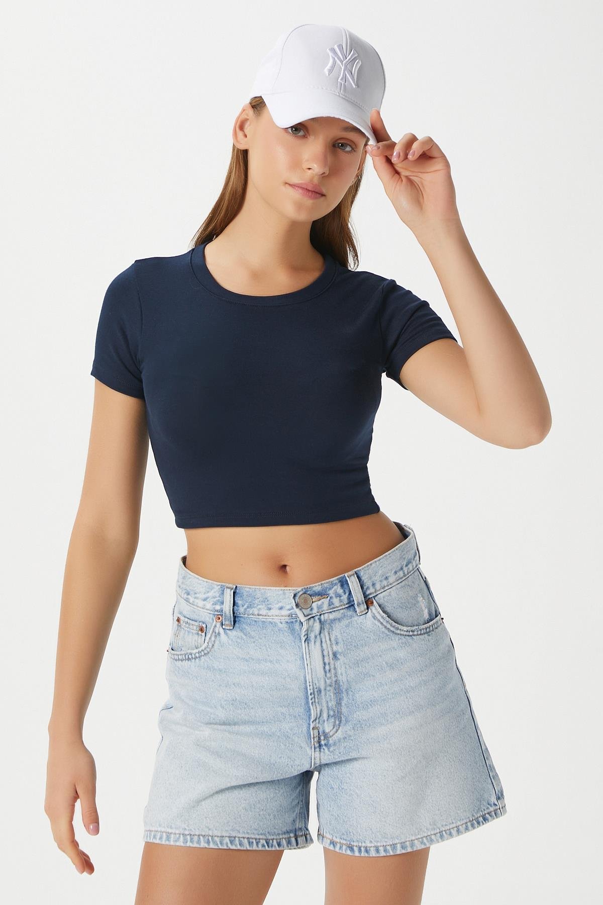 Kadın Deal Lux Touch Yumuşak Doku Crop Lacivert Bluz