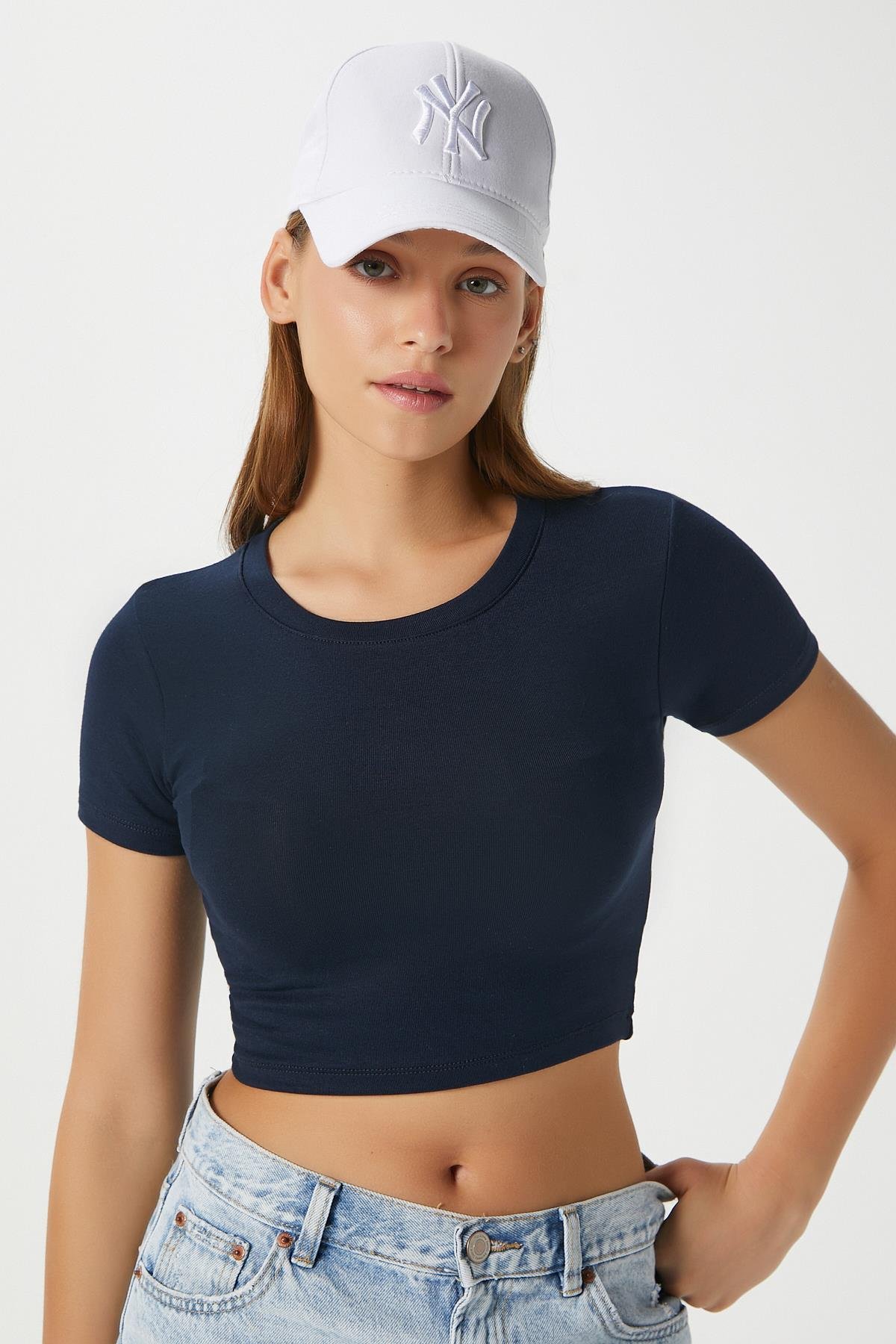 Kadın Deal Lux Touch Yumuşak Doku Crop Lacivert Bluz