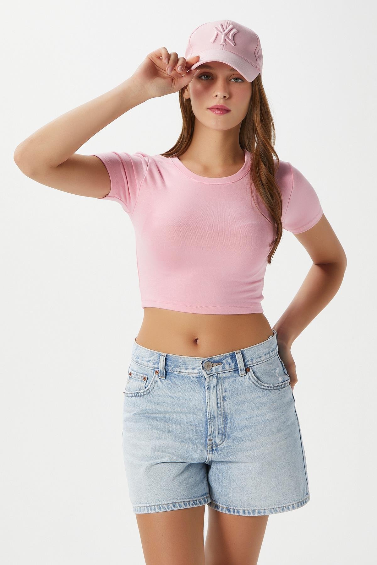 Kadın Deal Lux Touch Yumuşak Doku Crop Pembe Bluz