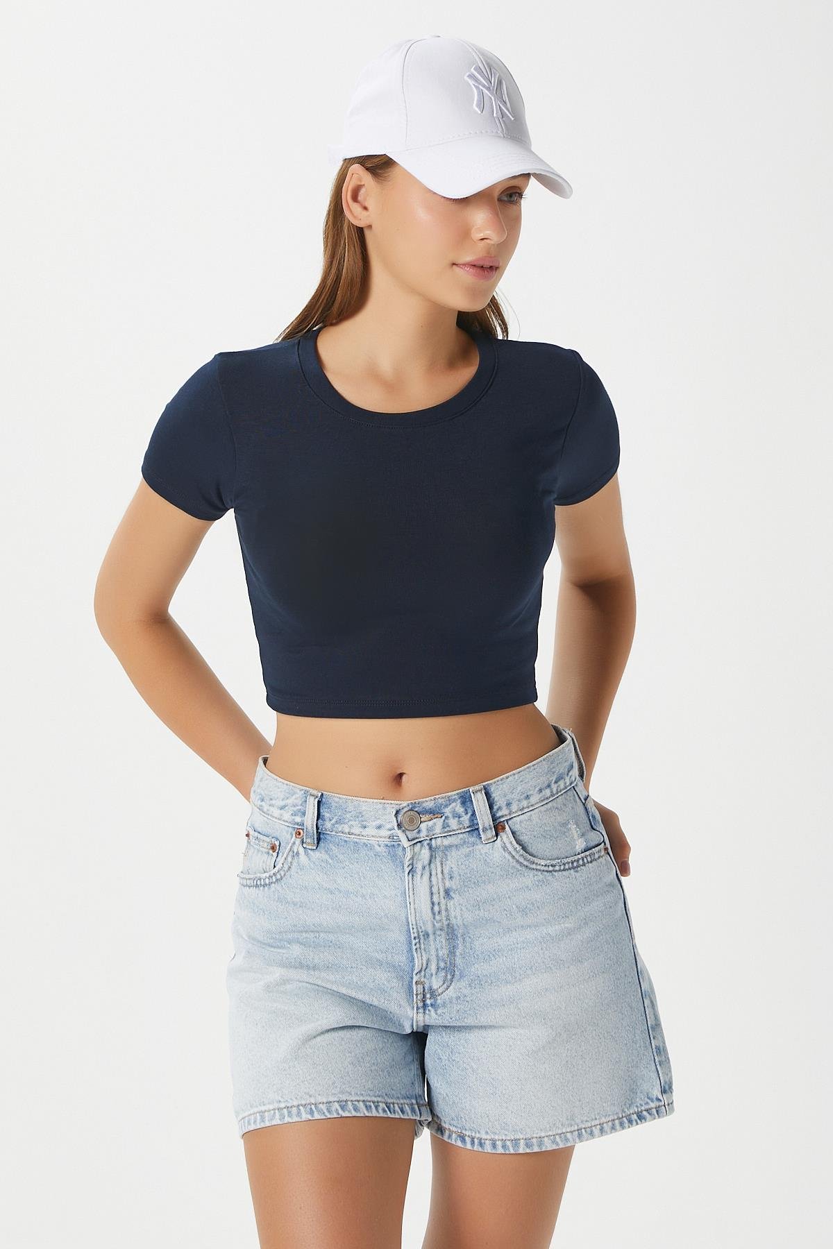 Kadın Deal Lux Touch Yumuşak Doku Crop Lacivert Bluz