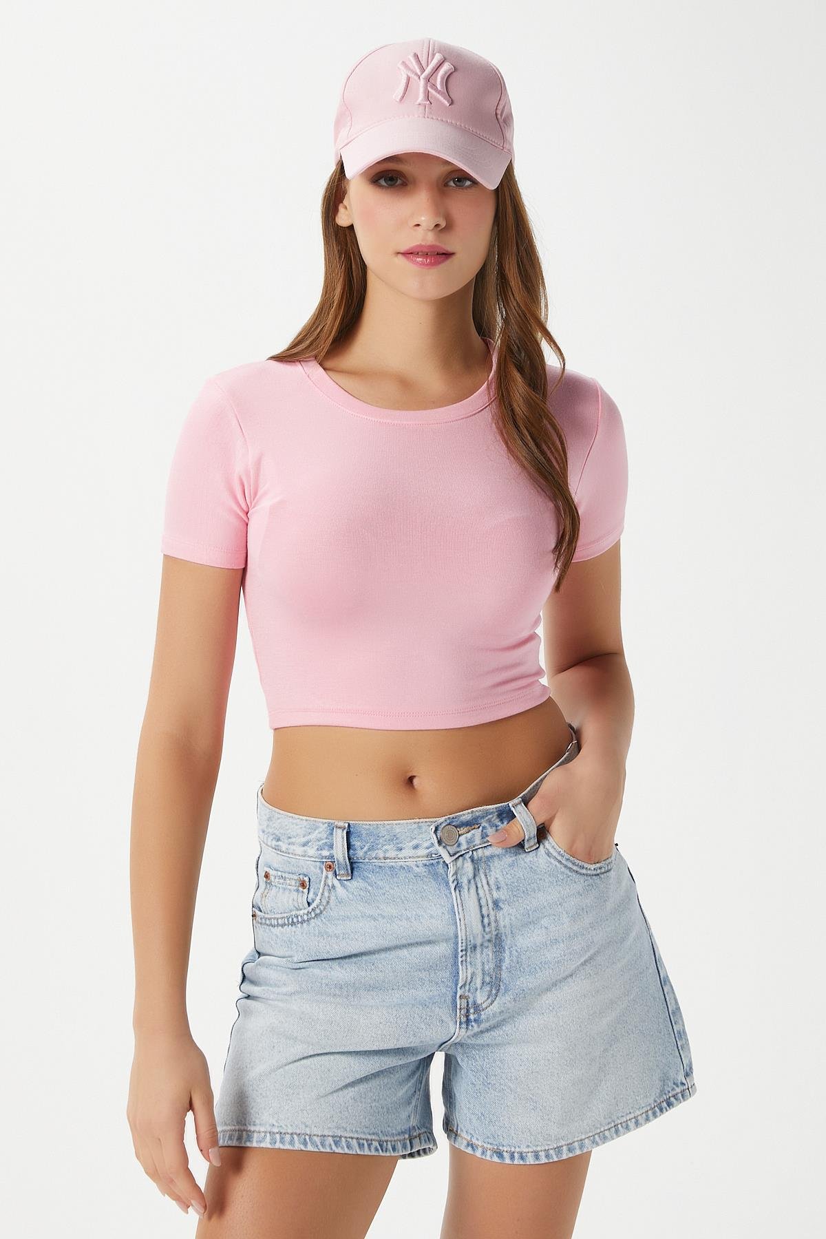 Kadın Deal Lux Touch Yumuşak Doku Crop Pembe Bluz