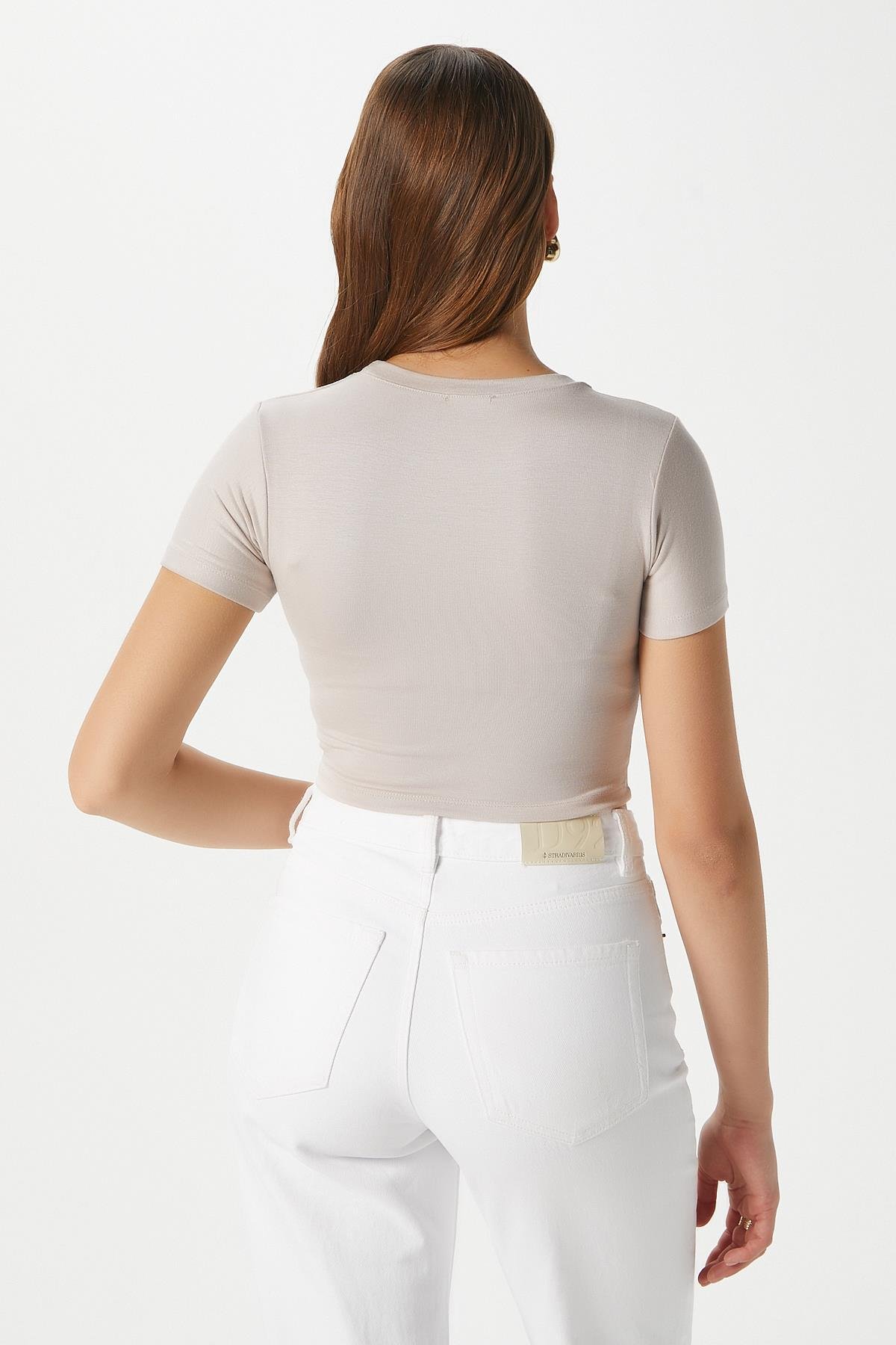 Kadın Deal Lux Touch Yumuşak Doku Crop Bej Bluz