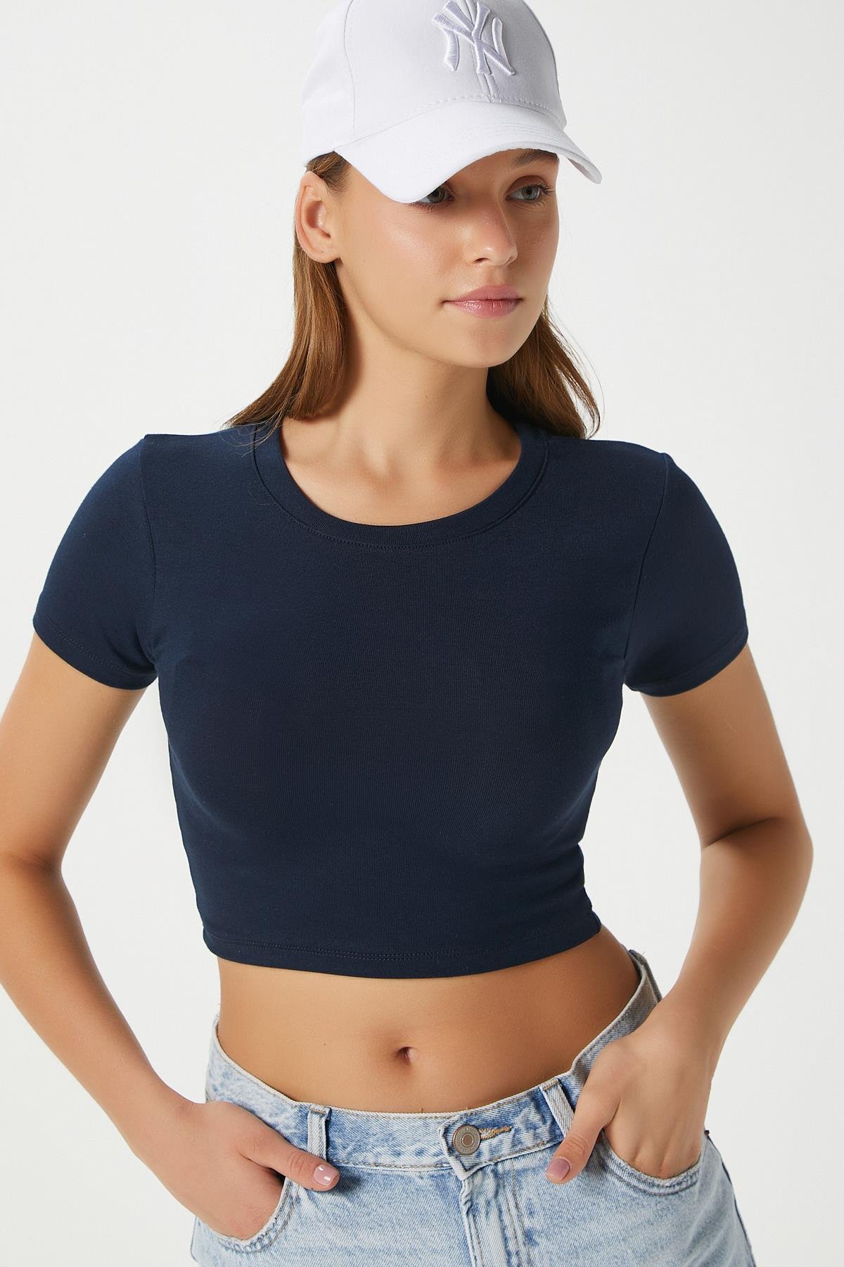 Kadın Deal Lux Touch Yumuşak Doku Crop Lacivert Bluz