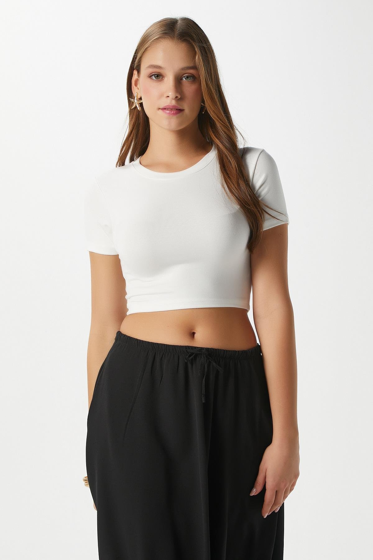 Kadın Deal Lux Touch Yumuşak Doku Crop Beyaz Bluz