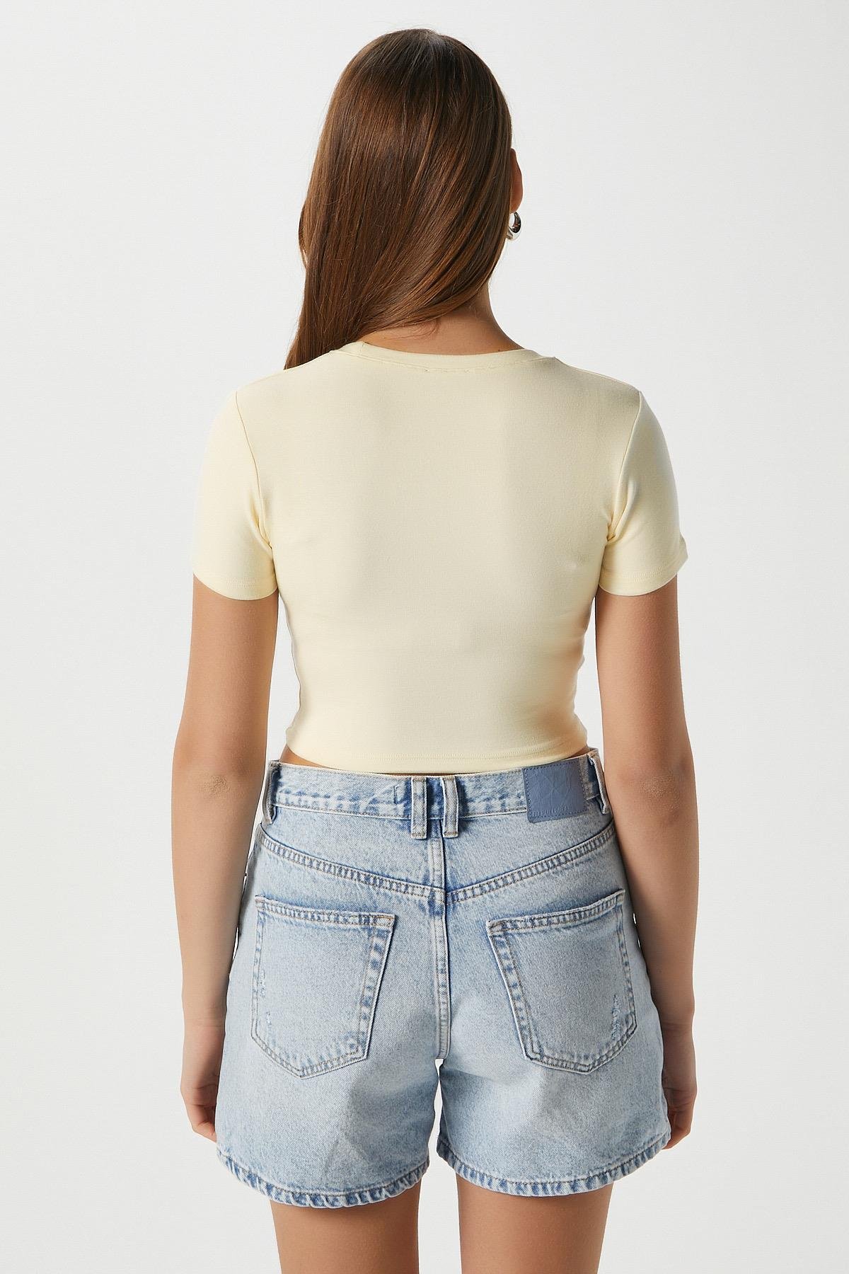 Kadın Deal Lux Touch Yumuşak Doku Crop Tereyağı Sarısı Bluz