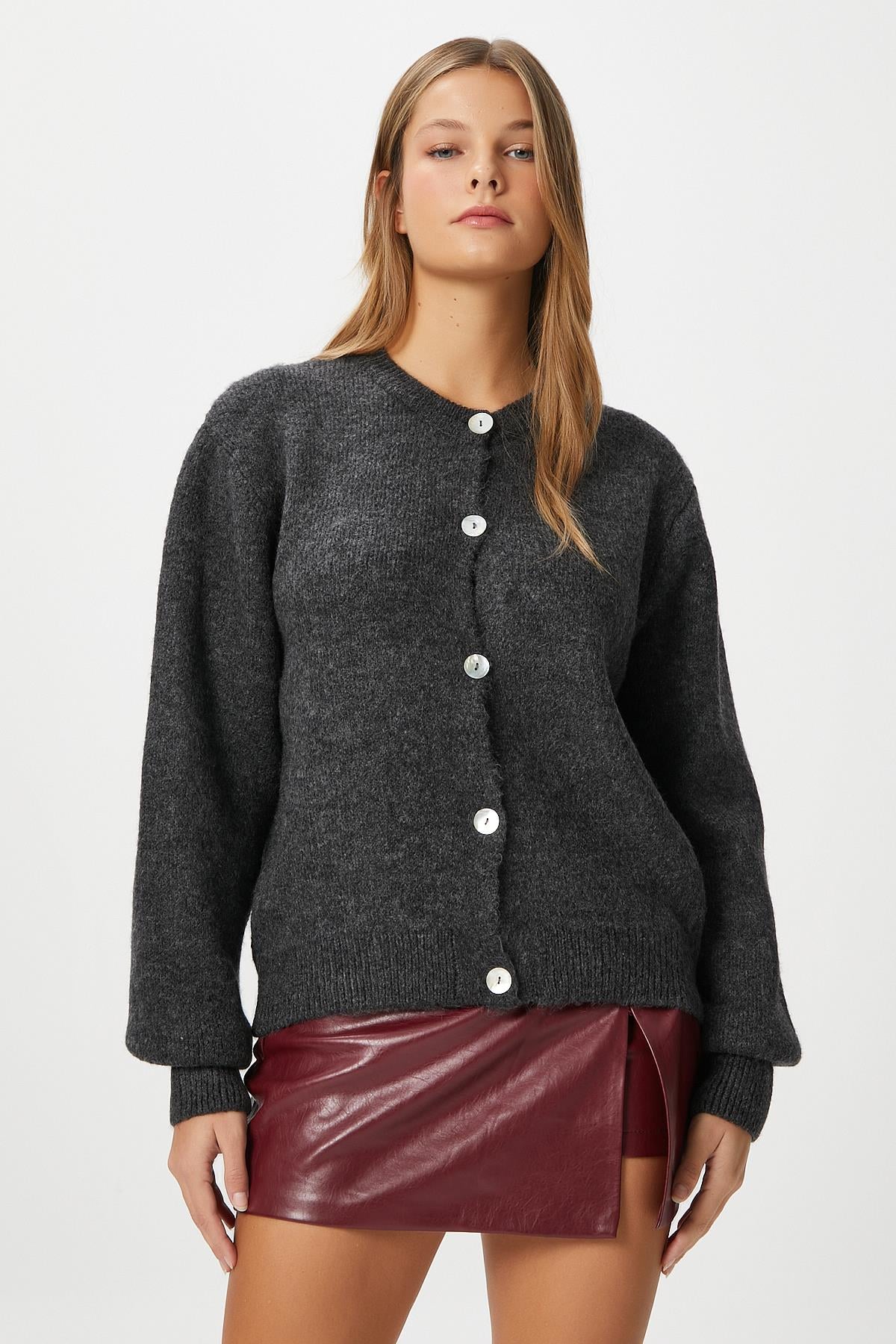 Kadın Demi Basic Yumuşak Doku Antrasit Basic Triko Hırka