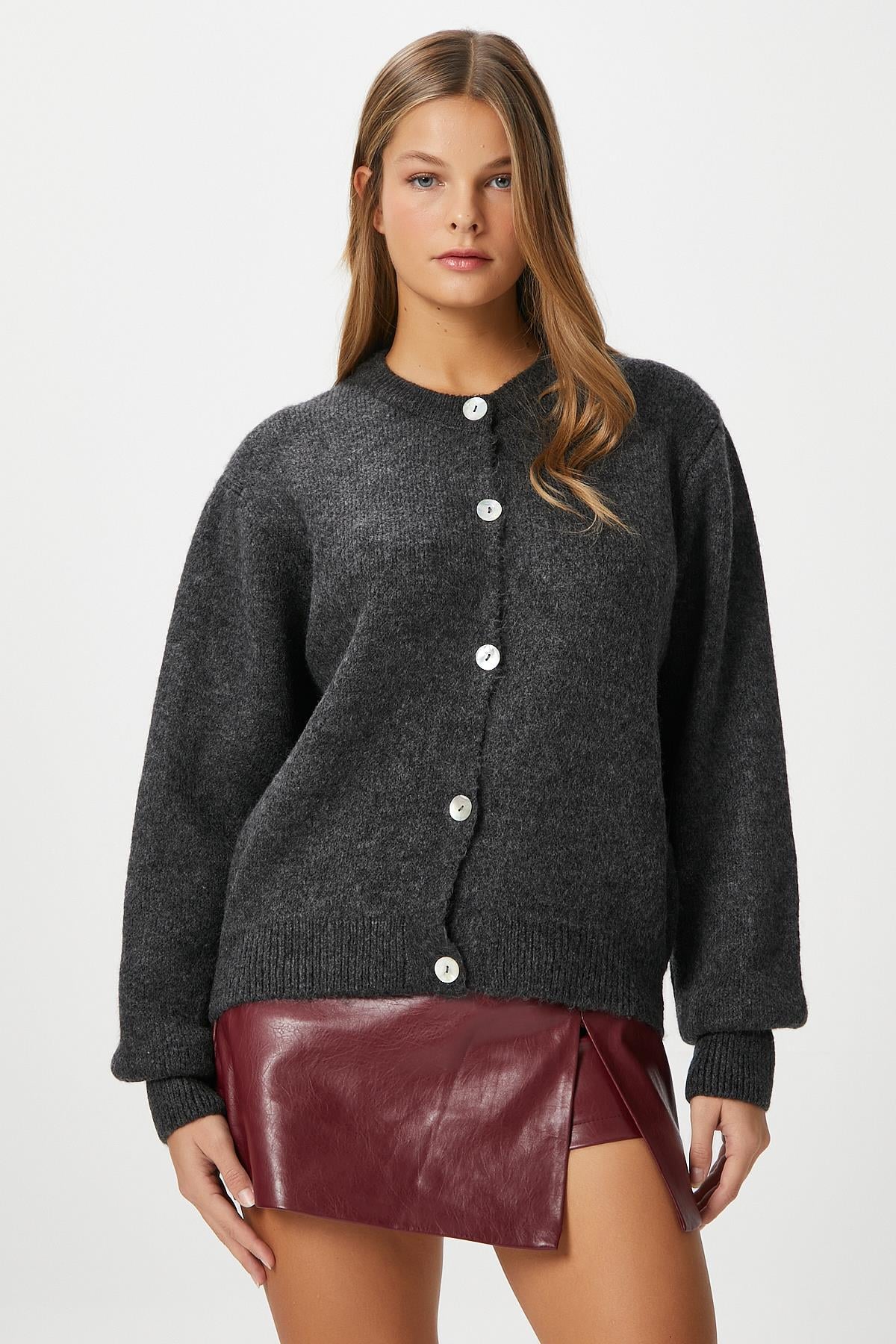 Kadın Demi Basic Yumuşak Doku Antrasit Basic Triko Hırka