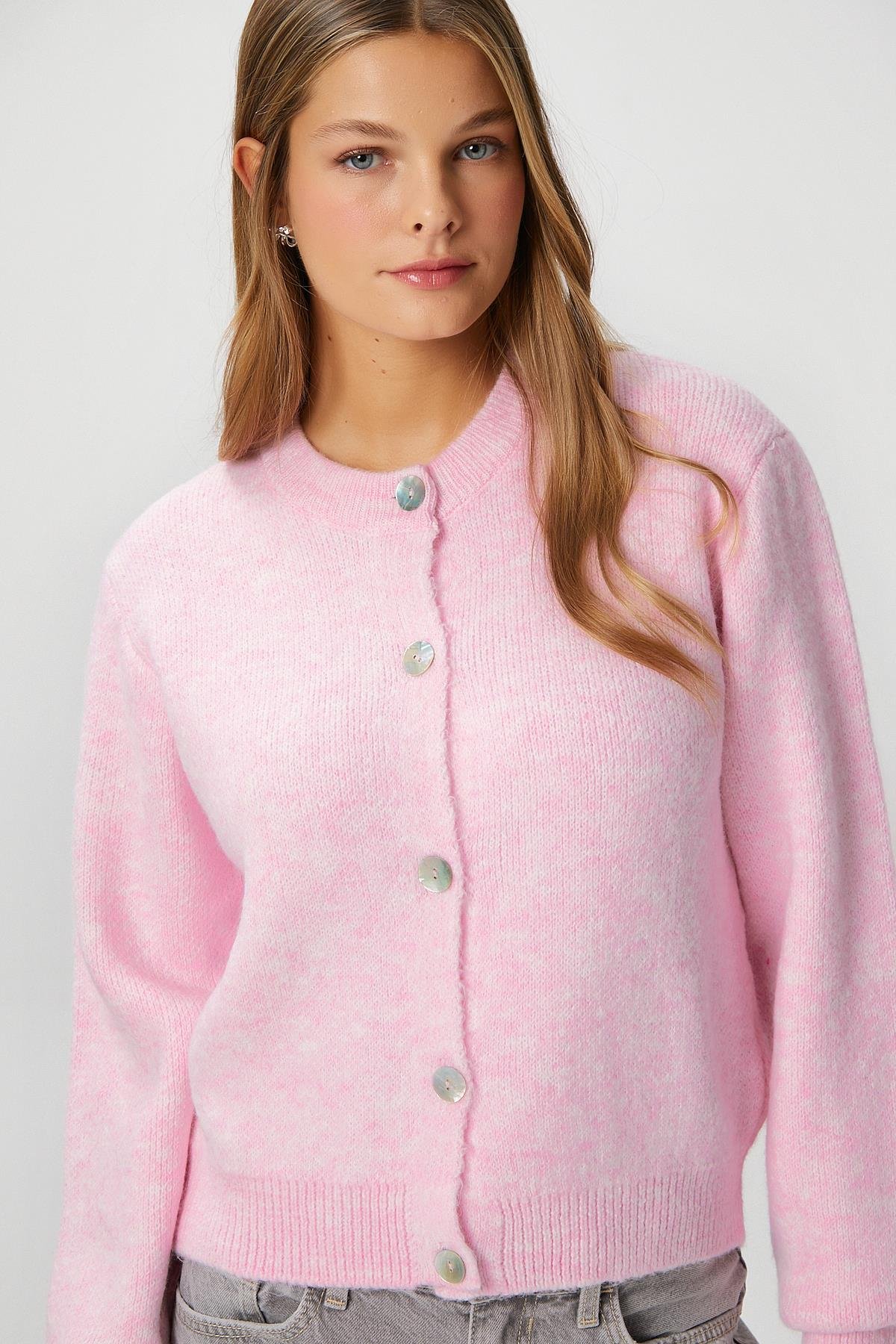 Kadın Demi Basic Yumuşak Doku Pembe Basic Triko Hırka