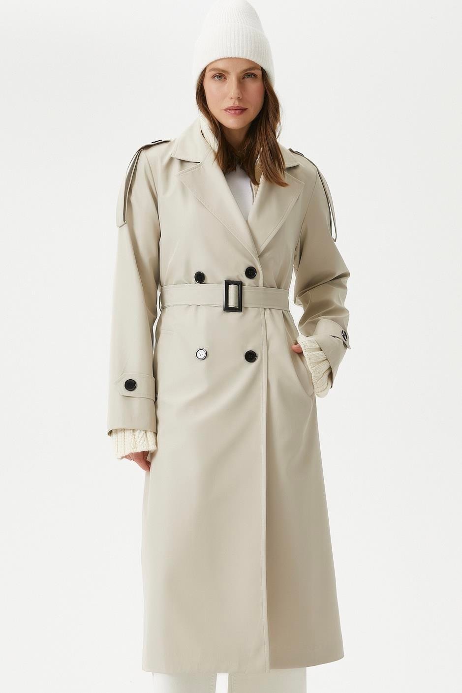 Kadın Detroit Astarlı Apolet Detaylı Uzun Taş Trençkot