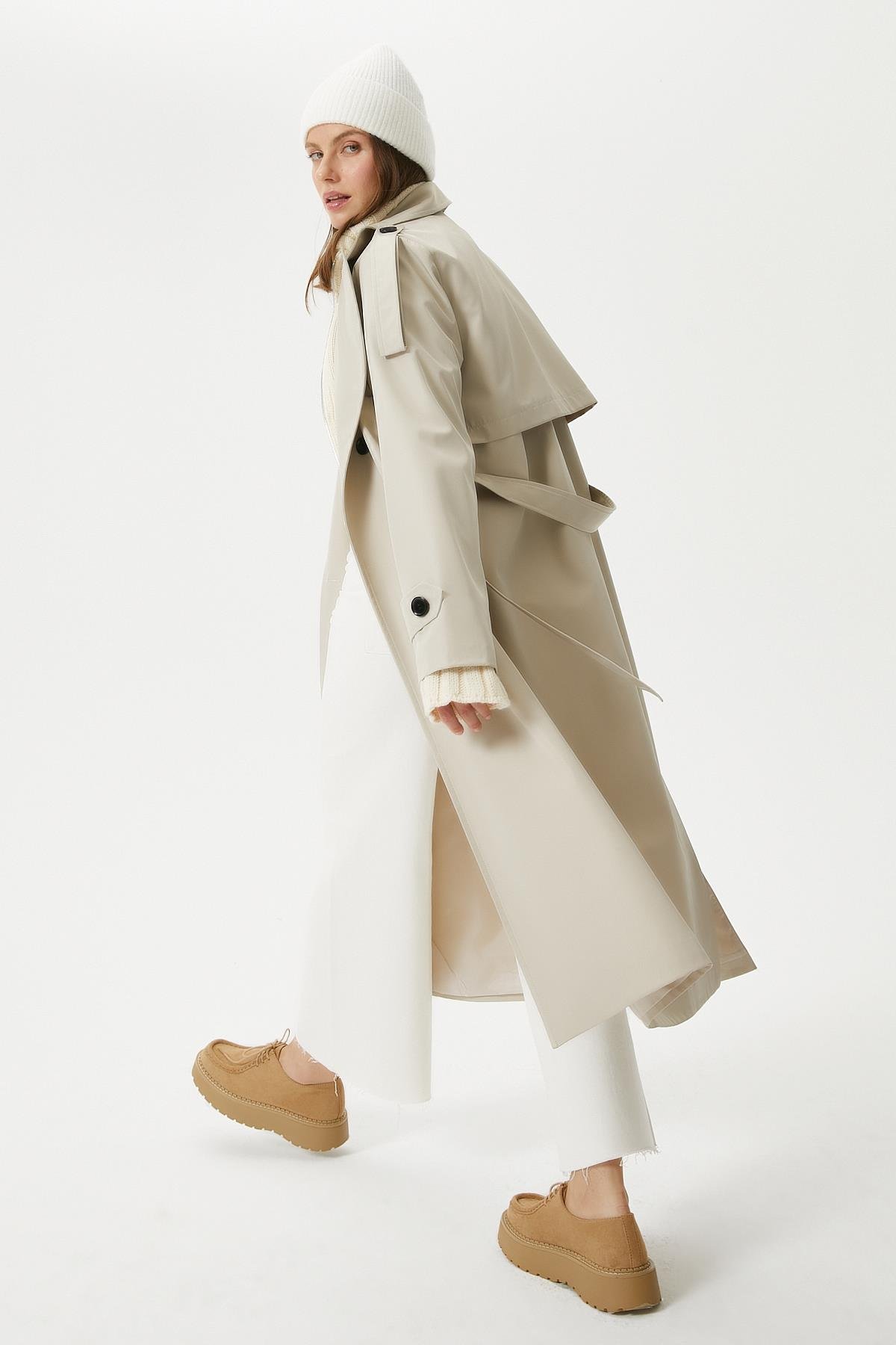 Kadın Detroit Astarlı Apolet Detaylı Uzun Taş Trençkot