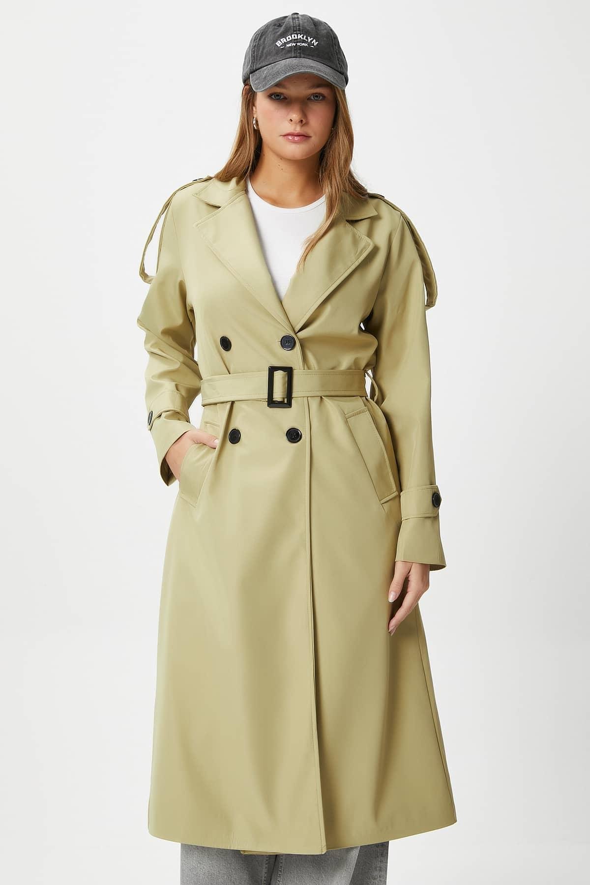 Kadın Detroit Astarlı Apolet Detaylı Uzun Açık Haki Trençkot