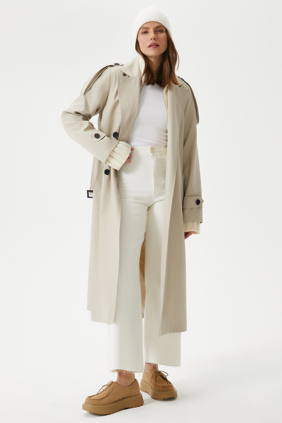 Kadın Detroit Astarlı Apolet Detaylı Uzun Taş Trençkot