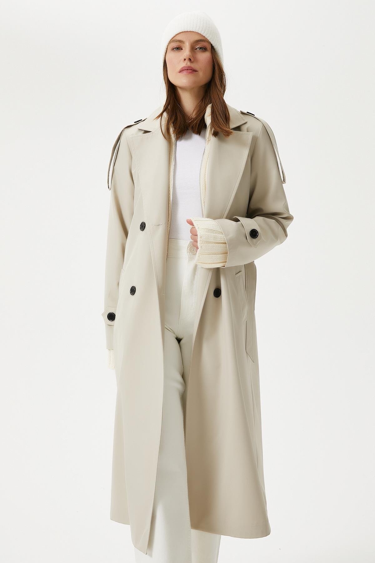 Kadın Detroit Astarlı Apolet Detaylı Uzun Taş Trençkot