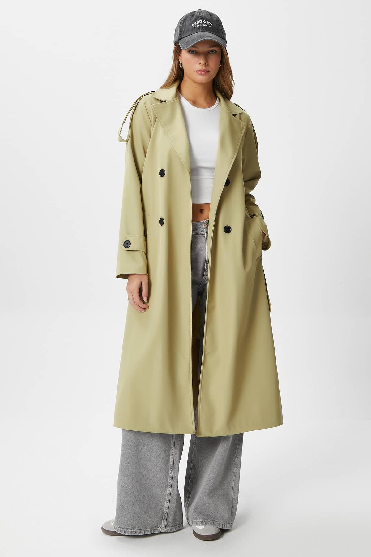 Kadın Detroit Astarlı Apolet Detaylı Uzun Açık Haki Trençkot