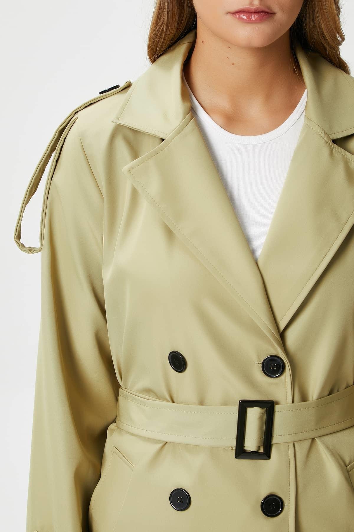 Kadın Detroit Astarlı Apolet Detaylı Uzun Açık Haki Trençkot