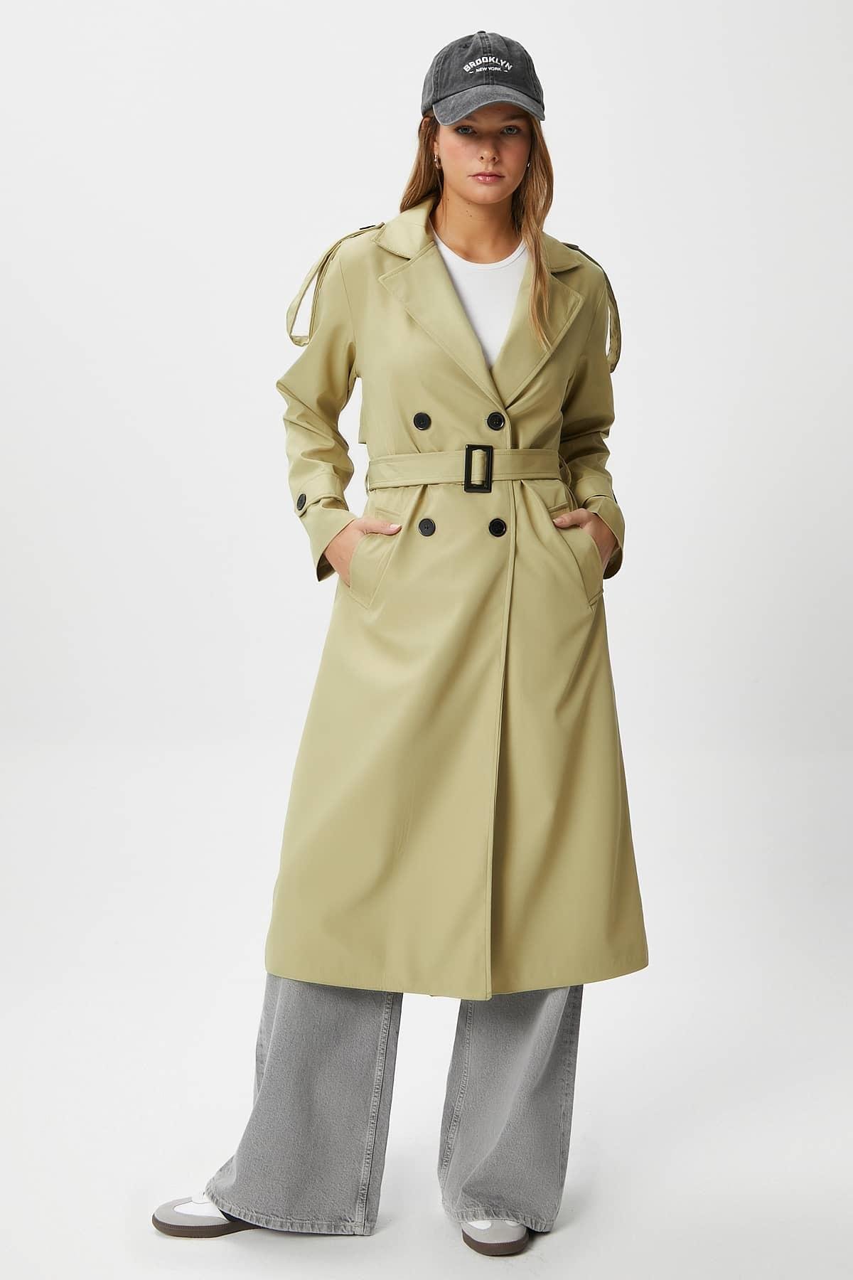 Kadın Detroit Astarlı Apolet Detaylı Uzun Açık Haki Trençkot