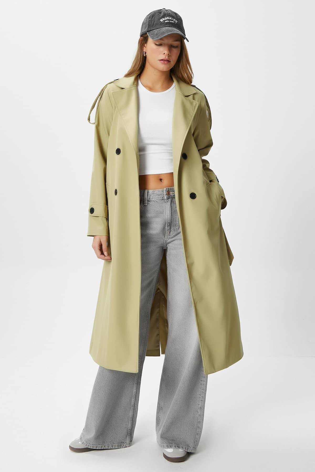 Kadın Detroit Astarlı Apolet Detaylı Uzun Açık Haki Trençkot