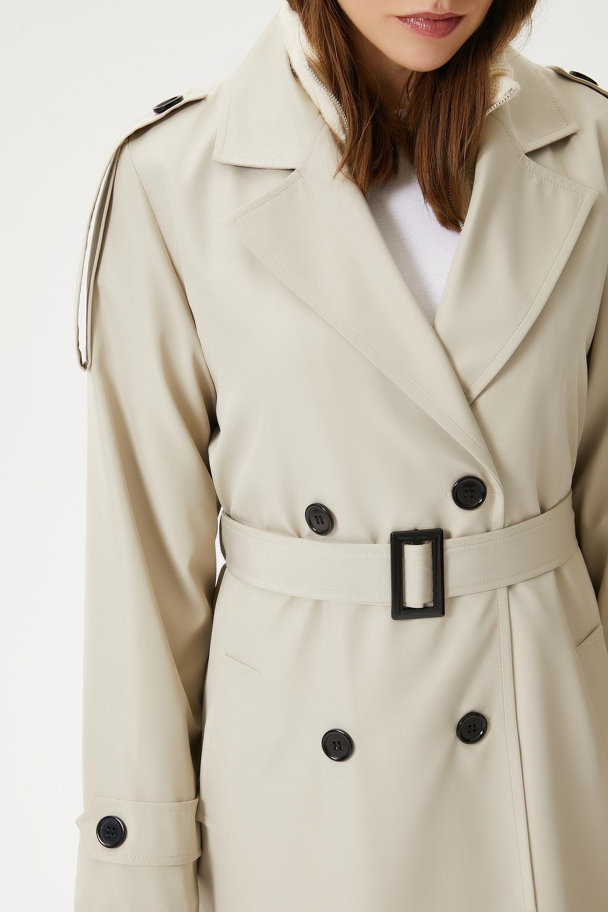 Kadın Detroit Astarlı Apolet Detaylı Uzun Taş Trençkot