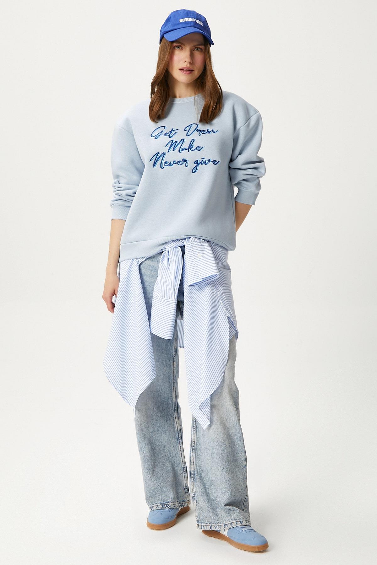 Kadın Dress Nakışlı Mavi Sweatshirt