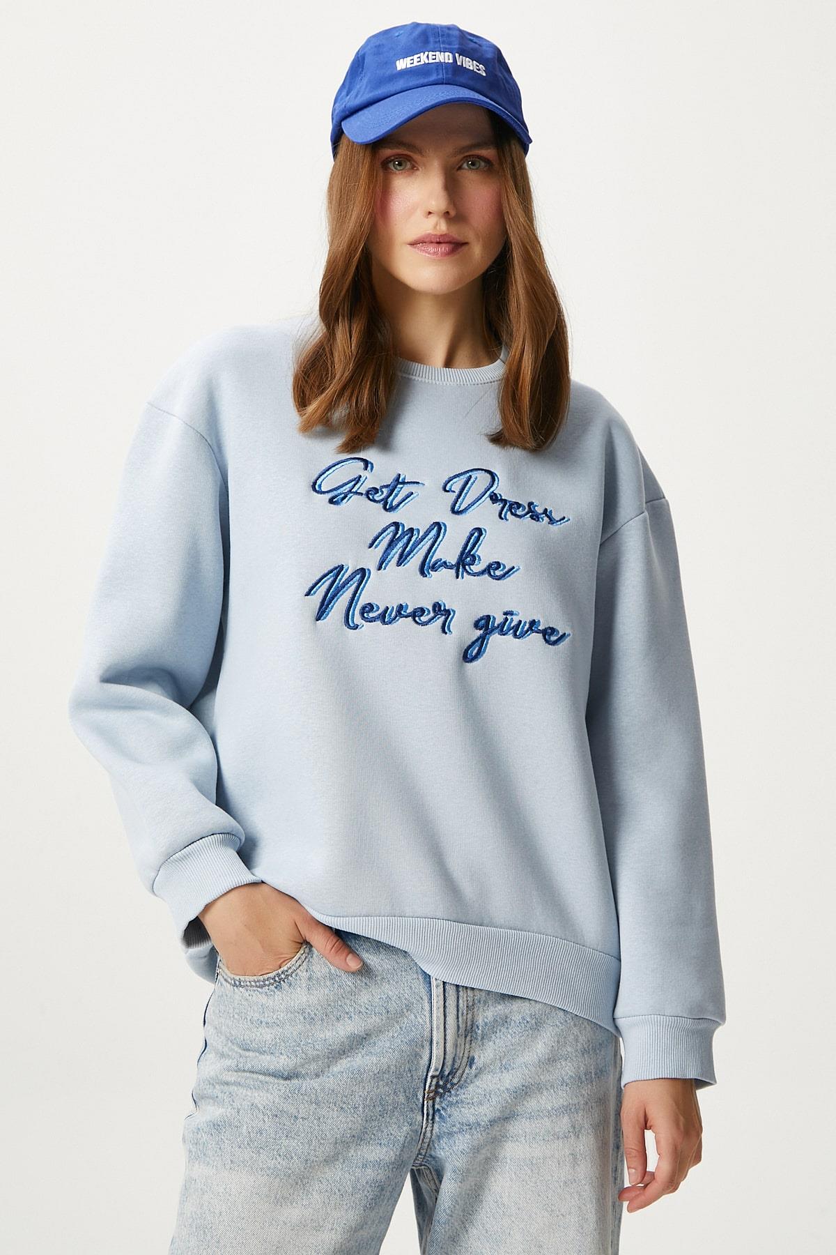 Kadın Dress Nakışlı Mavi Sweatshirt