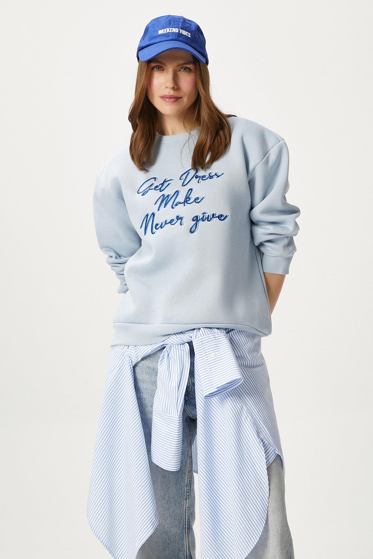 Kadın Dress Nakışlı Mavi Sweatshirt