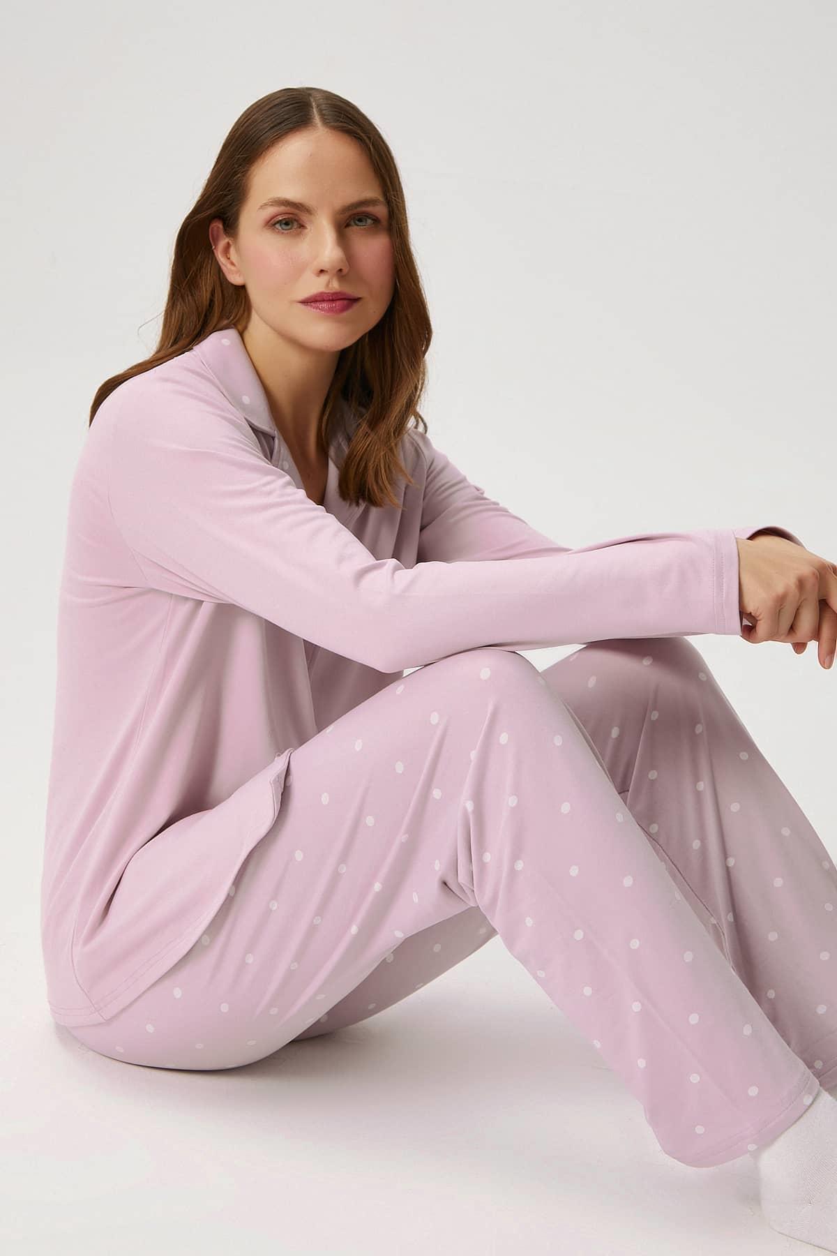 Kadın Efsa Puantiye Extra Soft Lila Pijama Takımı