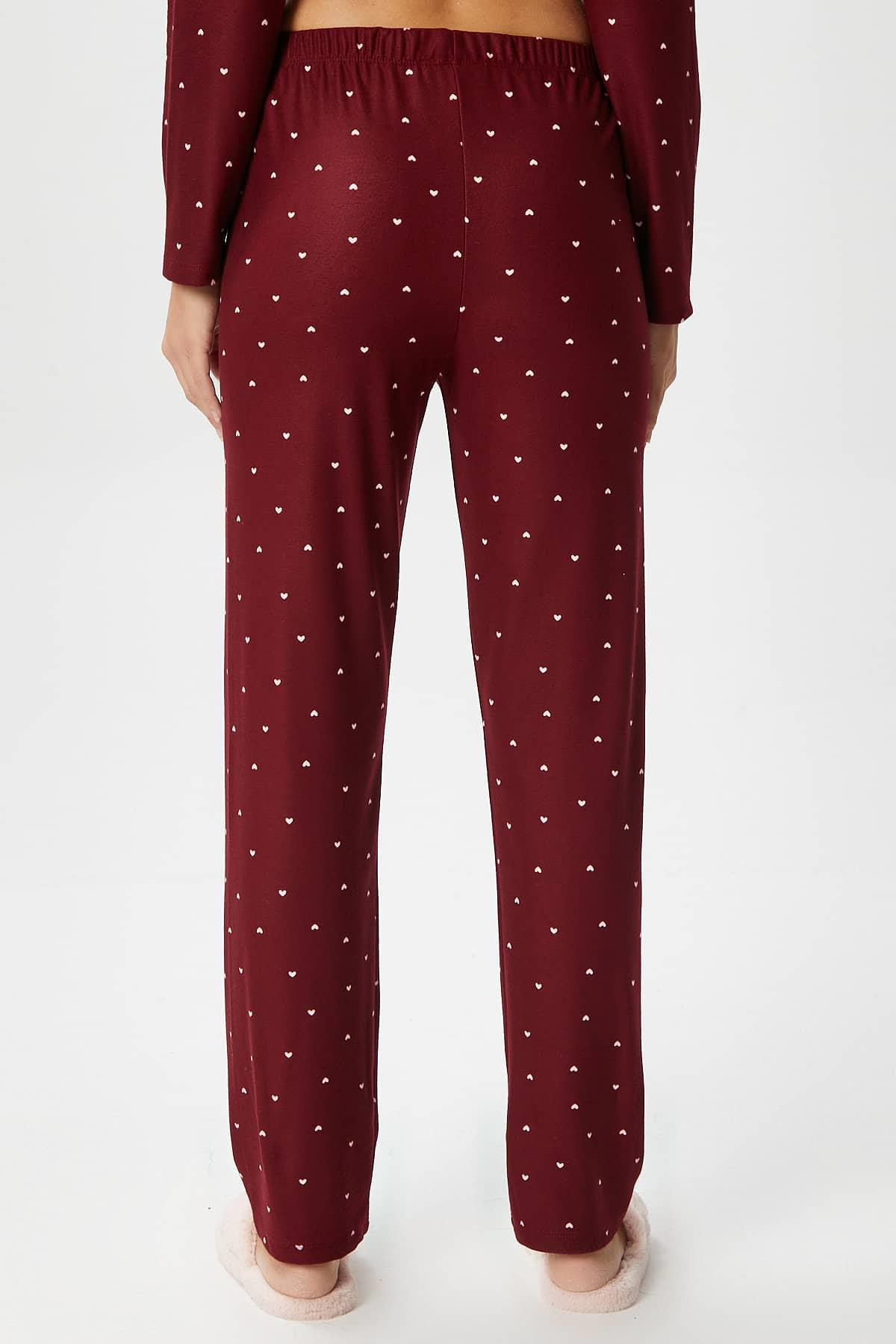 Kadın Ely Premium Bisiklet Yaka Bordo Kalp Süet Doku Yılbaşı Pijama Takımı