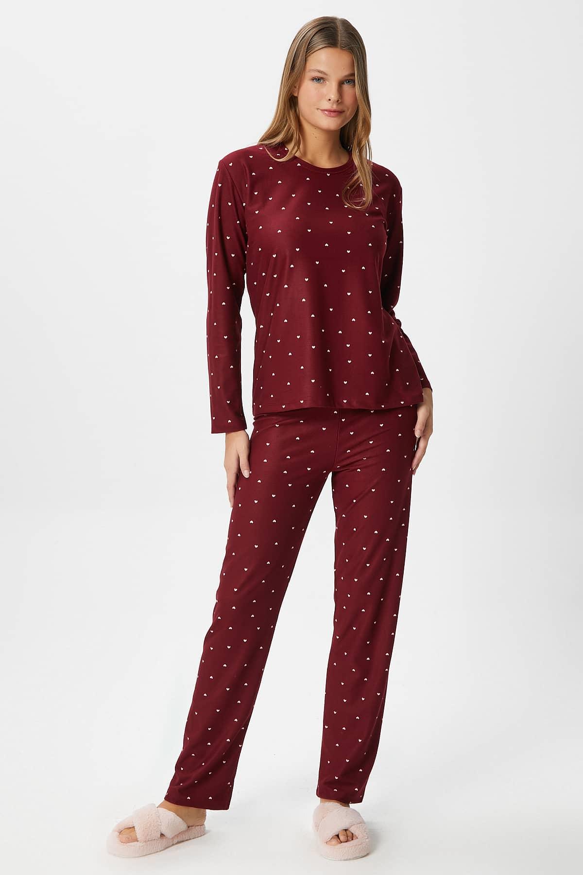 Kadın Ely Premium Bisiklet Yaka Bordo Kalp Süet Doku Yılbaşı Pijama Takımı
