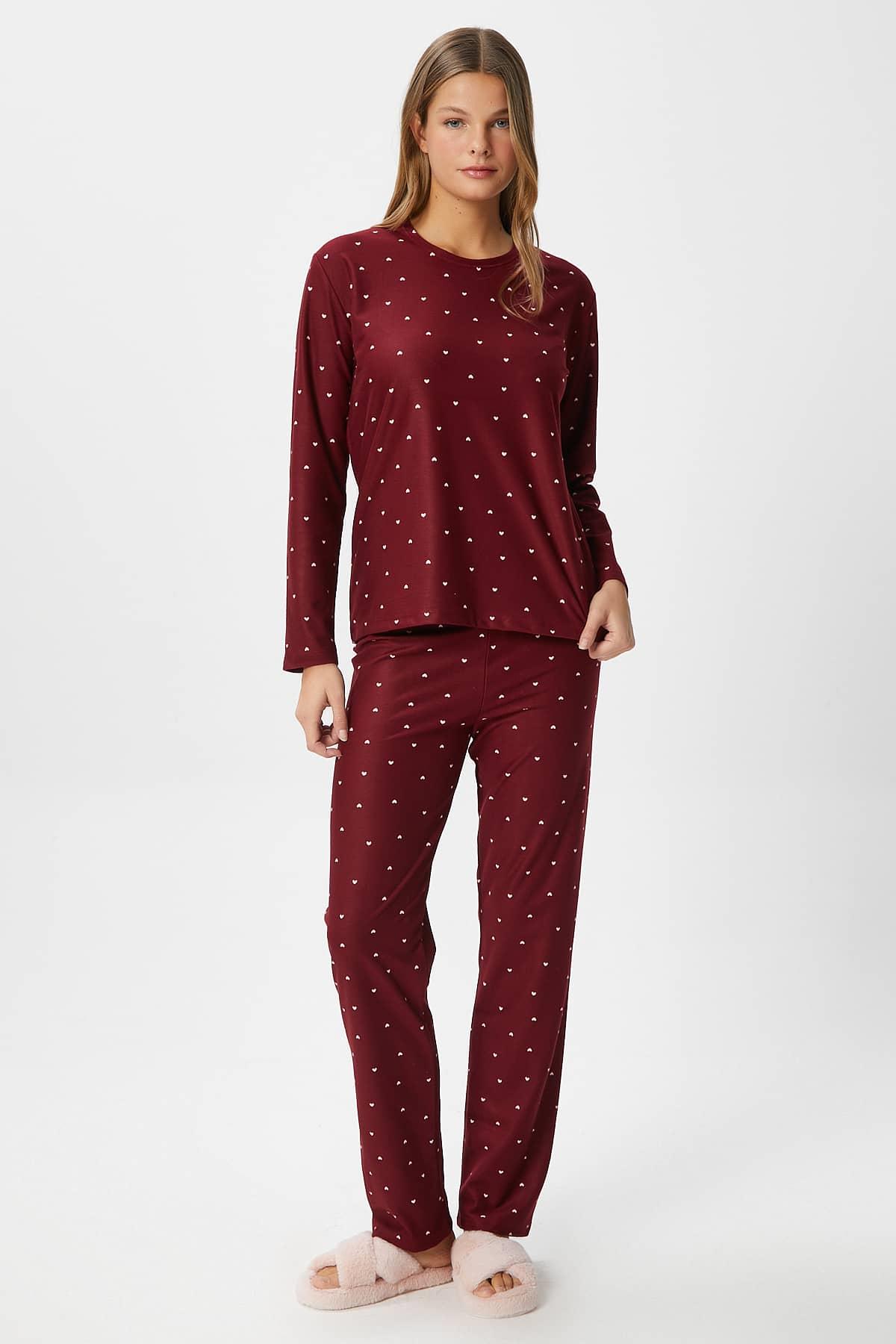 Kadın Ely Premium Bisiklet Yaka Bordo Kalp Süet Doku Yılbaşı Pijama Takımı
