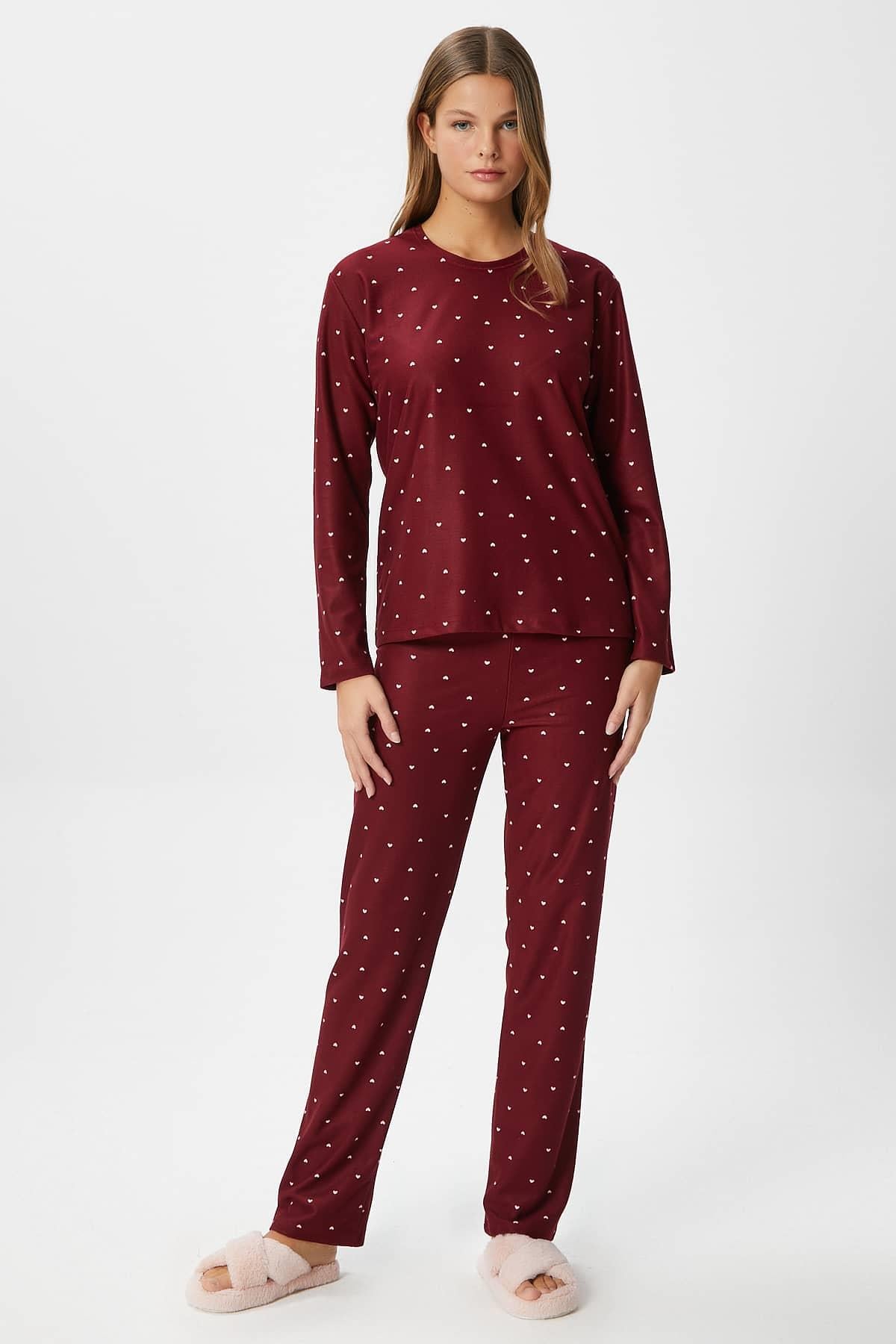 Kadın Ely Premium Bisiklet Yaka Bordo Kalp Süet Doku Yılbaşı Pijama Takımı