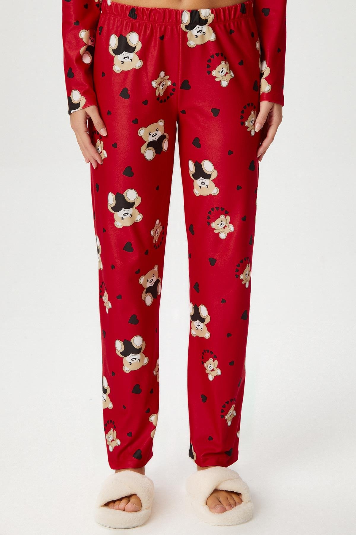 Kadın Ely Premium Bisiklet Yaka Kırmızı Ayıcık Süet Doku Yılbaşı Pijama Takımı