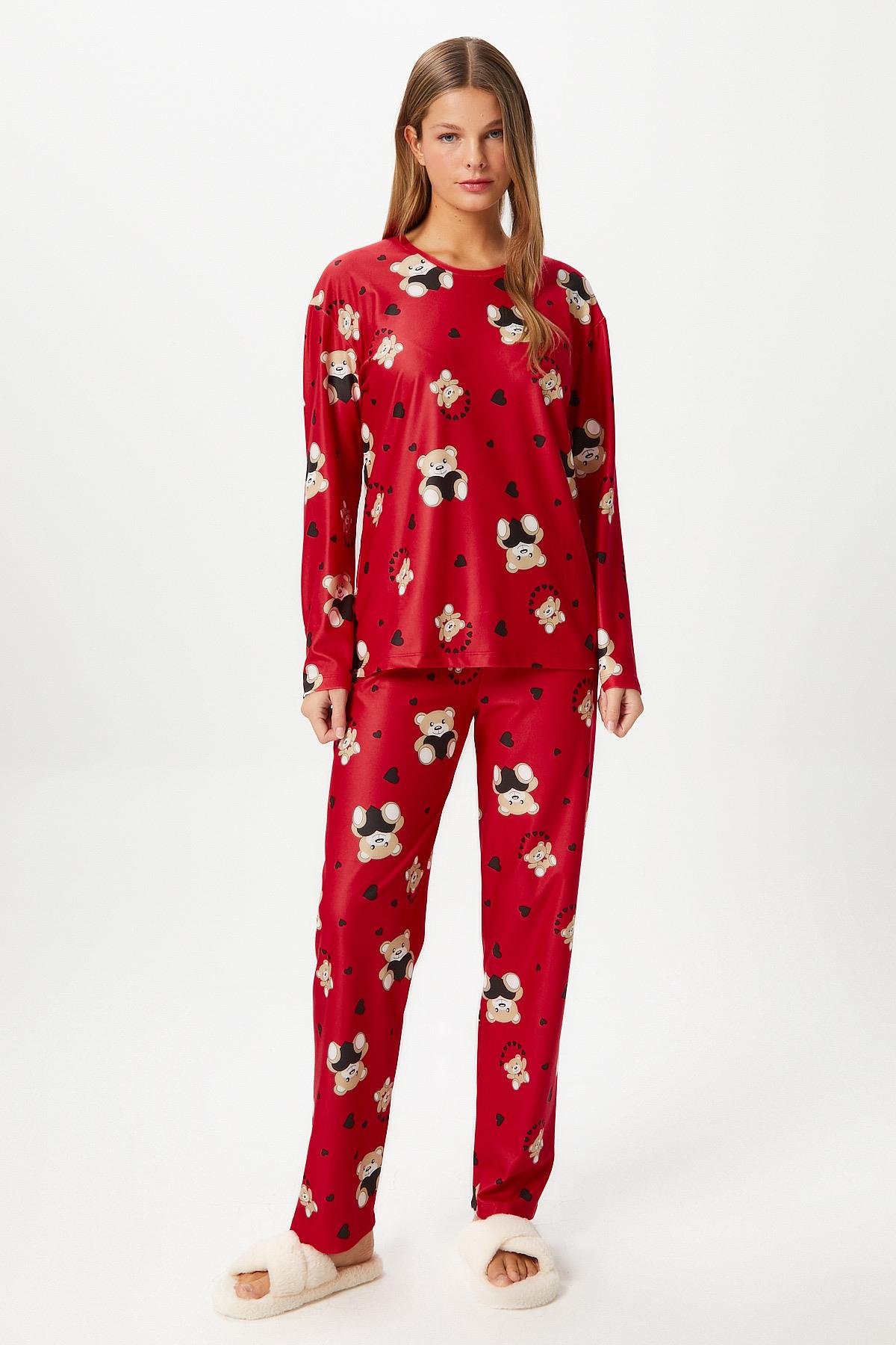 Kadın Ely Premium Bisiklet Yaka Kırmızı Ayıcık Süet Doku Yılbaşı Pijama Takımı