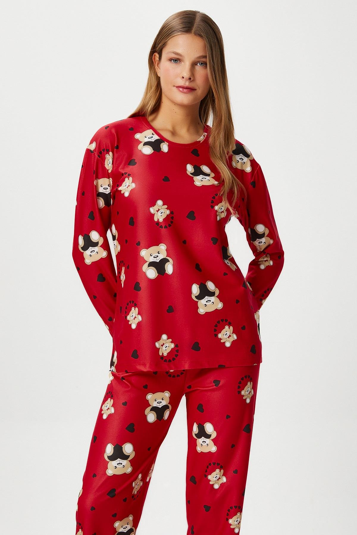 Kadın Ely Premium Bisiklet Yaka Kırmızı Ayıcık Süet Doku Yılbaşı Pijama Takımı