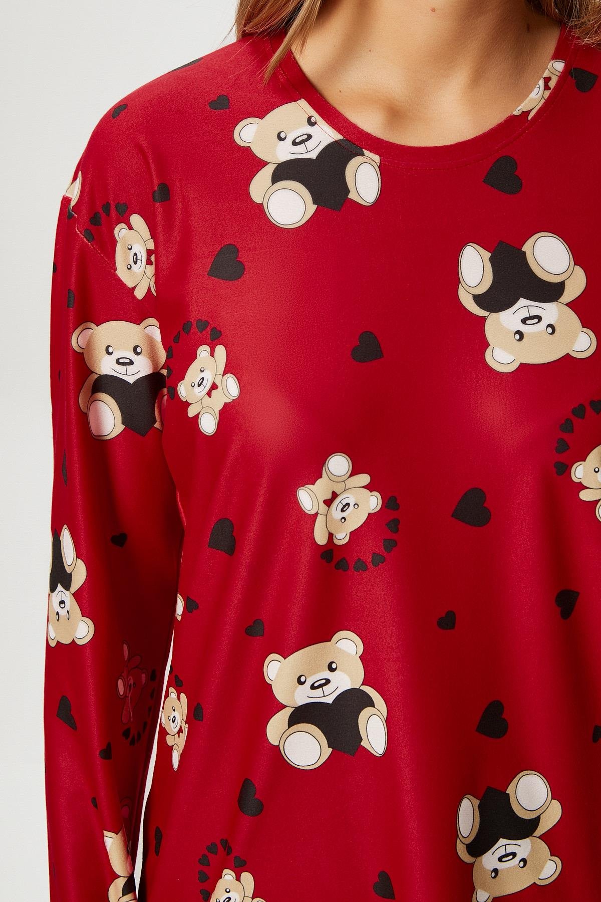 Kadın Ely Premium Bisiklet Yaka Kırmızı Ayıcık Süet Doku Yılbaşı Pijama Takımı