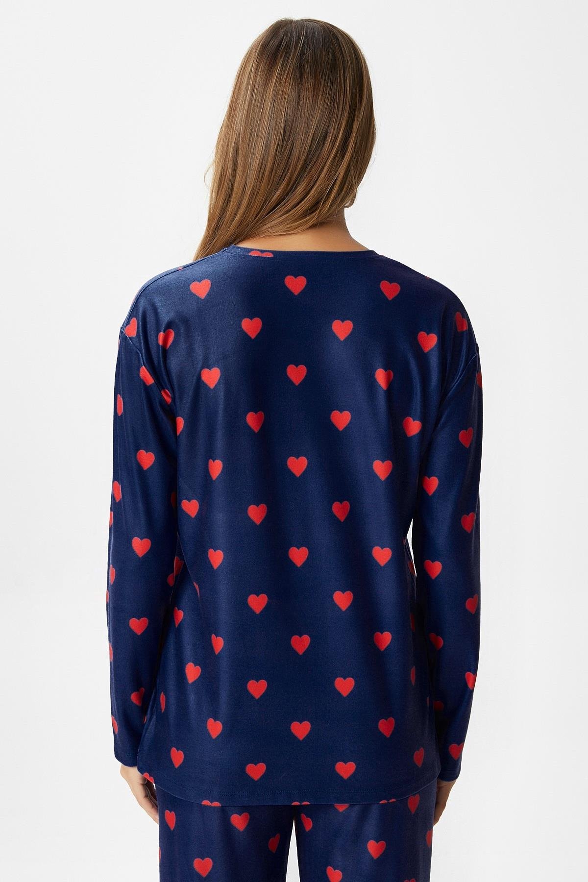 Kadın Ely Premium Bisiklet Yaka Lacivert Kalp Süet Doku Yılbaşı Pijama Takımı