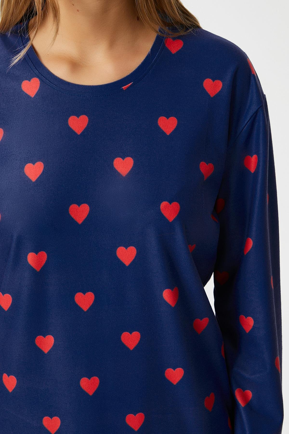 Kadın Ely Premium Bisiklet Yaka Lacivert Kalp Süet Doku Yılbaşı Pijama Takımı