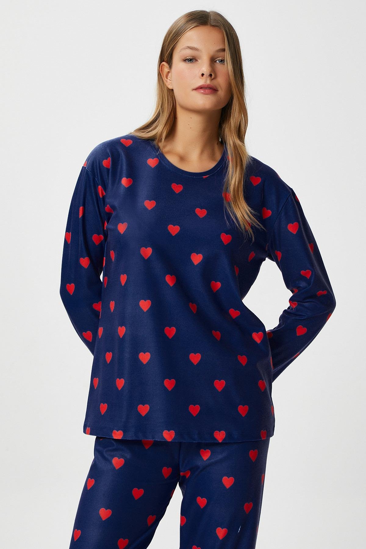 Kadın Ely Premium Bisiklet Yaka Lacivert Kalp Süet Doku Yılbaşı Pijama Takımı