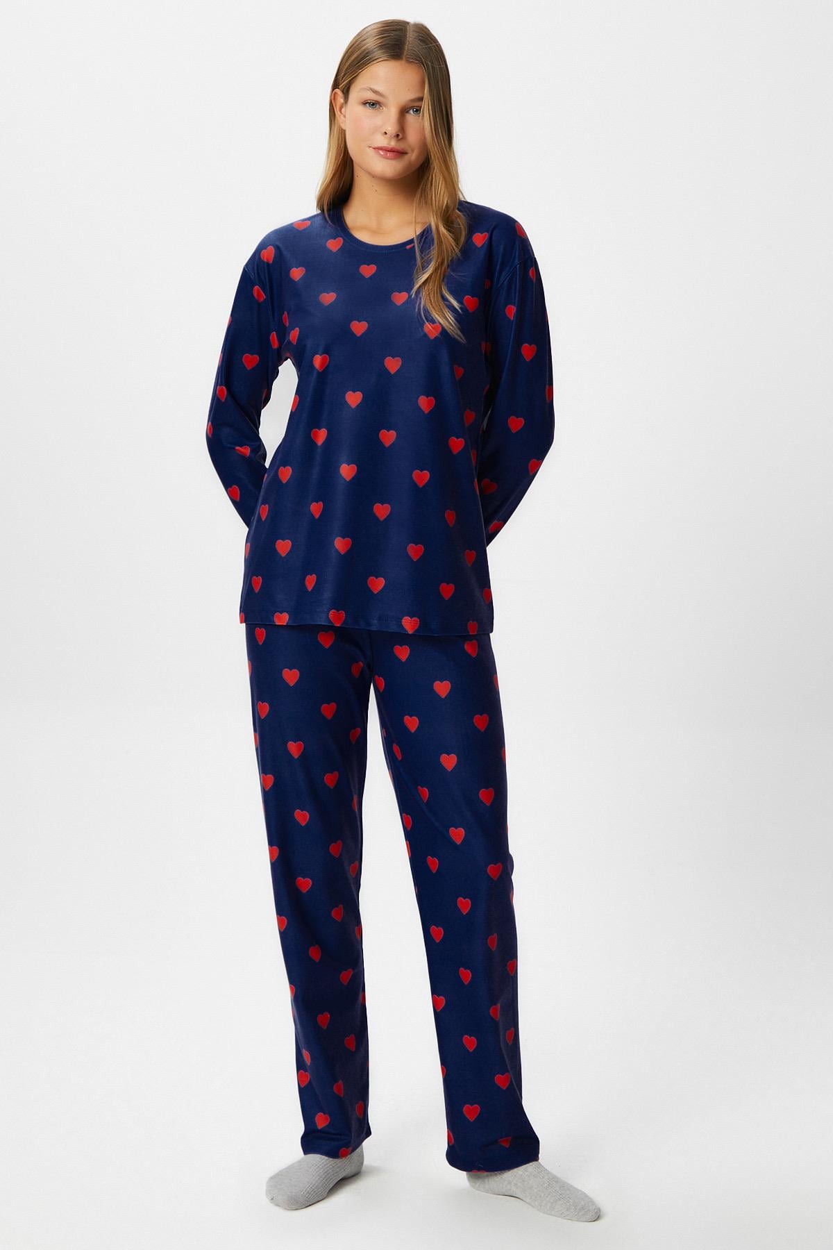 Kadın Ely Premium Bisiklet Yaka Lacivert Kalp Süet Doku Yılbaşı Pijama Takımı